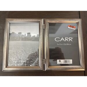 Vintage Silver Carr double Picture Frame NEW  5"x7" photos  Silver Metal Leaf